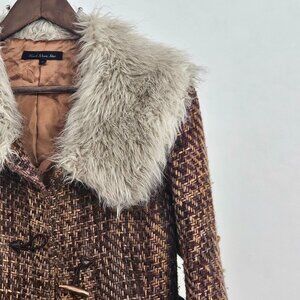 Heart Moon Star Faux Fur Trim Tweed Coat – Size M